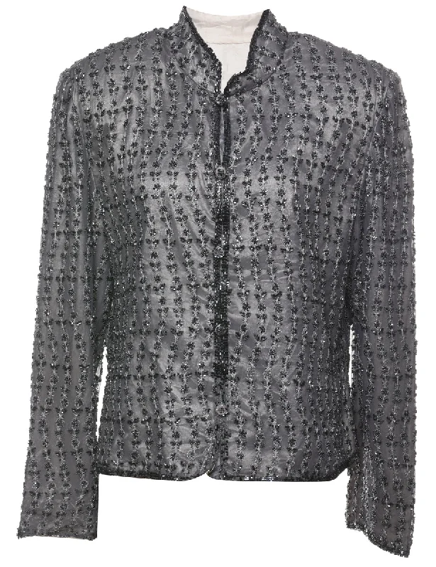 Beaded Grey Floral Evening Jacket - L Belted Jacket Elasticated Jacket Padded Jacket Beaded Grey Floral Evening Jacket - L Belted Jacket Elasticated Jacket Padded Jacket