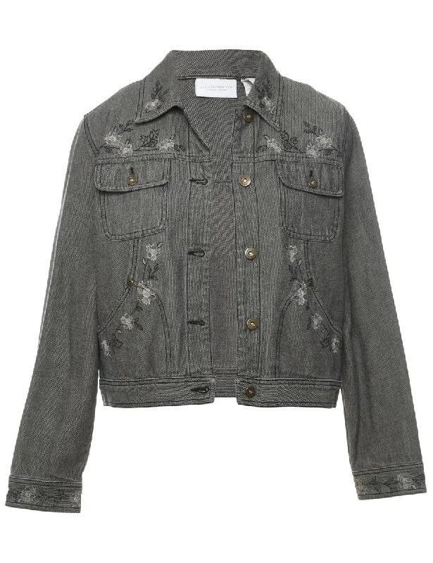 Black 1990s Distressed Embroidered Floral Denim Jacket - M Wool Jacket Cashmere Jacket Tweed Jacket Black 1990s Distressed Embroidered Floral Denim Jacket - M Wool Jacket Cashmere Jacket Tweed Jacket