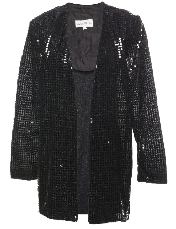 Black Sequined Evening Jacket  - M Zippered Jacket Buttoned Jacket Snapped Jacket