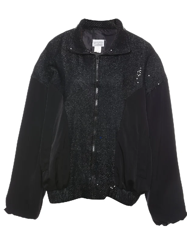 Black Sequined Zip-Front Evening Jacket - L Jersey Jacket Tulle Jacket Batik Jacket
