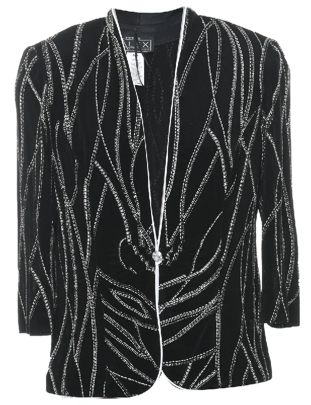 Black & Silver 1980s Sparkly Evening Jacket - M Toggled Jacket Drawstring Jacket Belted Jacket