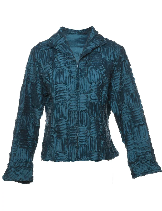 Blue Ruffled Metallic Zip-Front Evening Jacket - L Faux Fur Jacket Real Fur Jacket Shearling Jacket Blue Ruffled Metallic Zip-Front Evening Jacket - L Faux Fur Jacket Real Fur Jacket Shearling Jacket