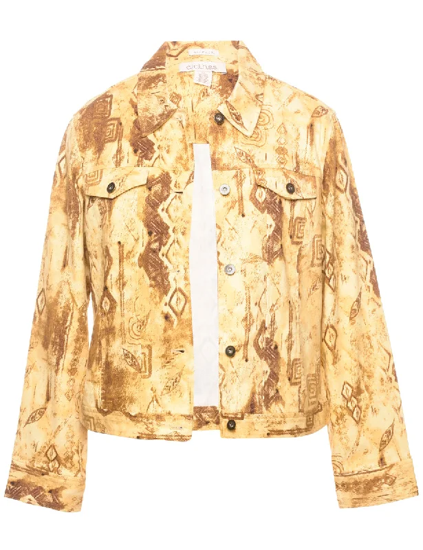 Brown & Yellow 1990s Patterned Denim Jacket - L Collared Jacket Crew Neck Jacket Turtle Neck Jacket Brown & Yellow 1990s Patterned Denim Jacket - L Collared Jacket Crew Neck Jacket Turtle Neck Jacket