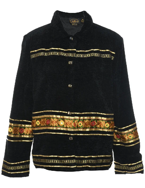 Button Front Black & Gold Embroidered Jacket - M Denim Jacket Leather Jacket Suede Jacket