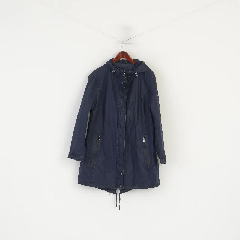 Wellensteyn Women XL Jacket Tarent Navy Shiny Full Zipper Cotton Hodded Parka Wool Fabric Cashmere Fabric Tweed Fabric