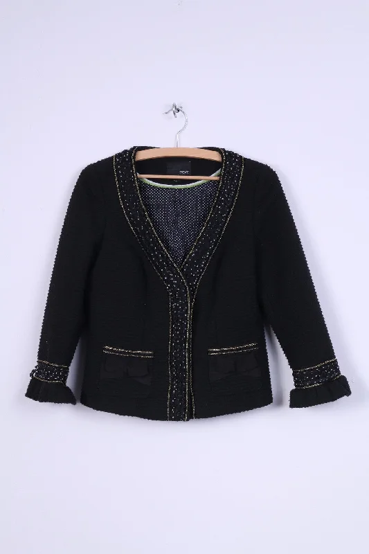 Next Womens 38 S/M Jacket Black Wool Blend Ornaments Gold Thread 3/4 Sleeve Zippered Jacket Buttoned Jacket Snapped Jacket