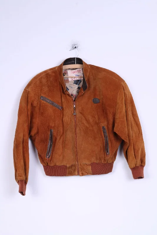 GATTO Womens 36 Jacket Bomber Leather Brick Orange Shoulder Pads Zip Up Zippered Front Buttoned Front Snap Front GATTO Womens 36 Jacket Bomber Leather Brick Orange Shoulder Pads Zip Up Zippered Front Buttoned Front Snap Front