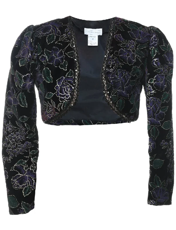 Cropped Purple & Gold Shiny Metallic Evening Jacket - M V-Neck Jacket Boat Neck Jacket Square Neck Jacket