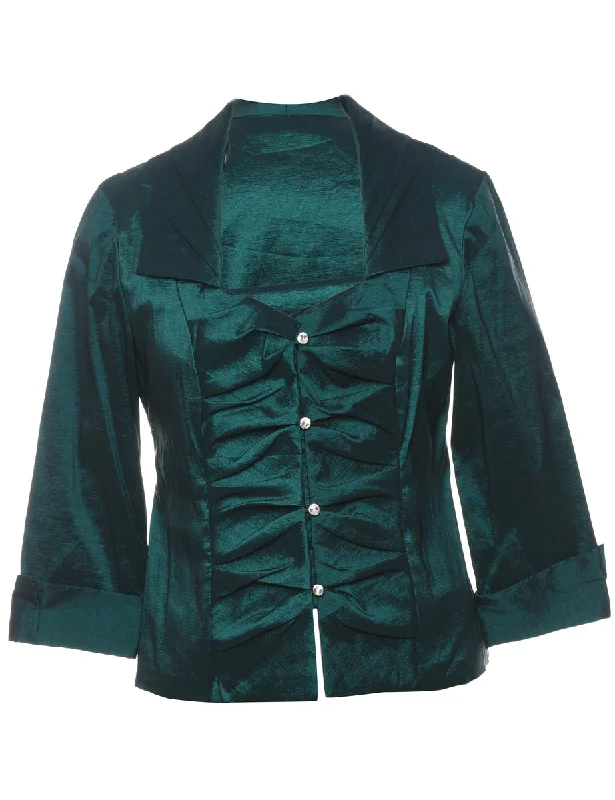 Dark Green Metallic Button-Front Evening Jacket - M Rayon Fabric Velvet Fabric Corduroy Fabric