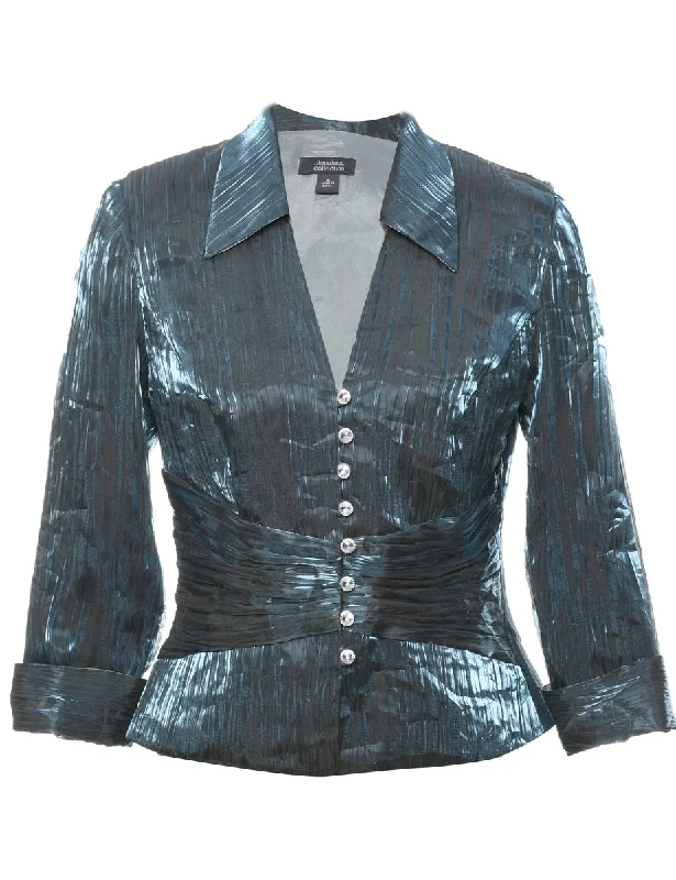 Dress Barn Blue Metallic Pleated Evening Jacket - M Insulated Jacket Fitted Jacket Loose Jacket Dress Barn Blue Metallic Pleated Evening Jacket - M Insulated Jacket Fitted Jacket Loose Jacket