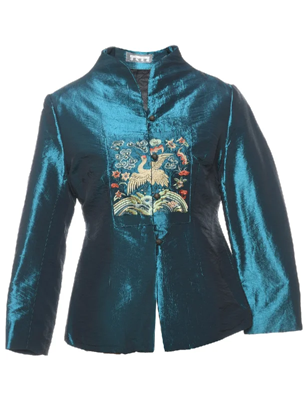 Embroidered Blue Metallic Evening Jacket - M Bomber Jacket Anorak Windbreaker
