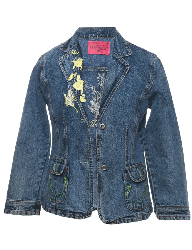Embroidered Floral Stonewash Denim Jacket - M Snapped Jacket Toggled Jacket Drawstring Jacket