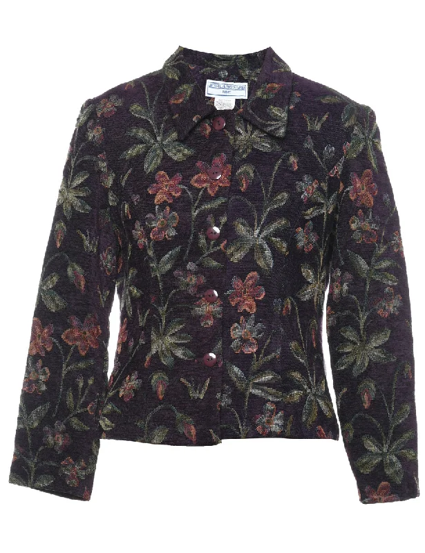 Floral Pattern Black & Purple Tapestry Jacket - S Belted Jacket Elasticated Jacket Padded Jacket