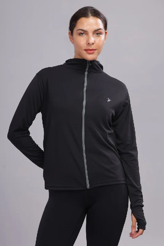 Jet Black - Women's Sunblock Jacket Notch Collar Peter Pan Collar Cowl Neck