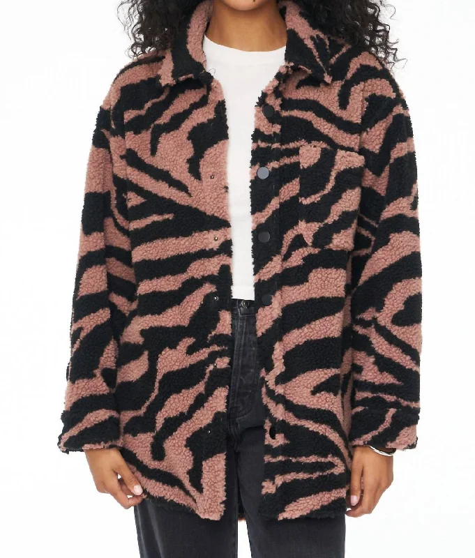 Lynn Oversized Shearling Jacket In Clay Zebra Print Jacket Jacquard Jacket Patchwork Jacket