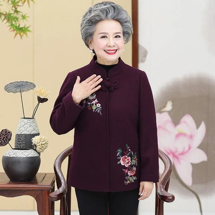 Mandarin Collar Floral Embroidery Woolen Tang Suit Traditional Chinese Jacket Mother's Coat