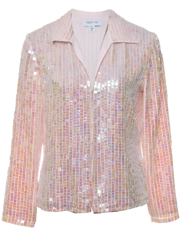 Sequined Pale Pink & Lilac 1990s Zip-Front Evening Jacket - L Cardigan Sweater Pullover