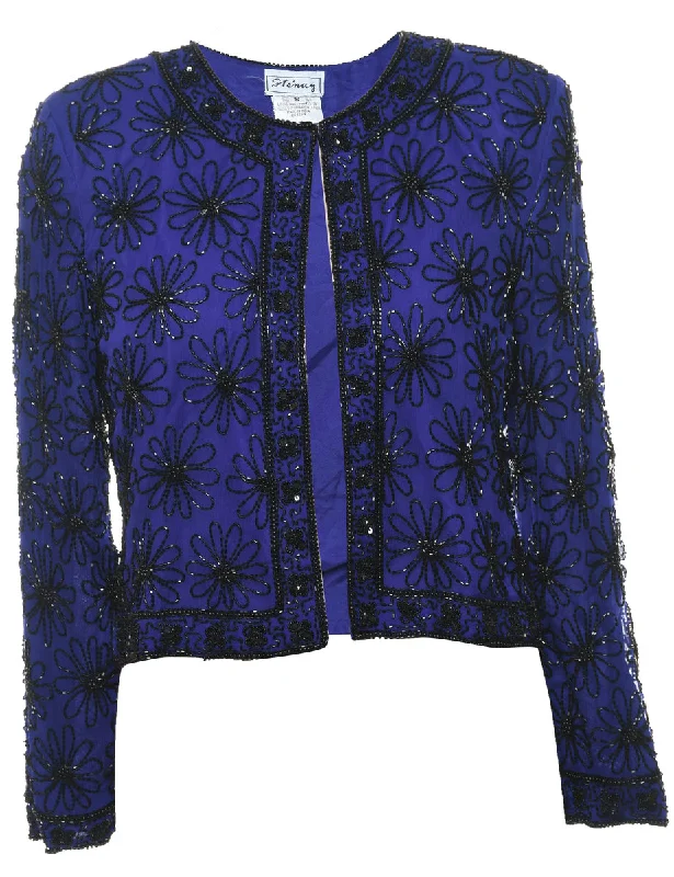 Silk Blue & Black Floral Beaded Evening Jacket - S Ribbed Jacket Pleated Jacket Ruffled Jacket Silk Blue & Black Floral Beaded Evening Jacket - S Ribbed Jacket Pleated Jacket Ruffled Jacket