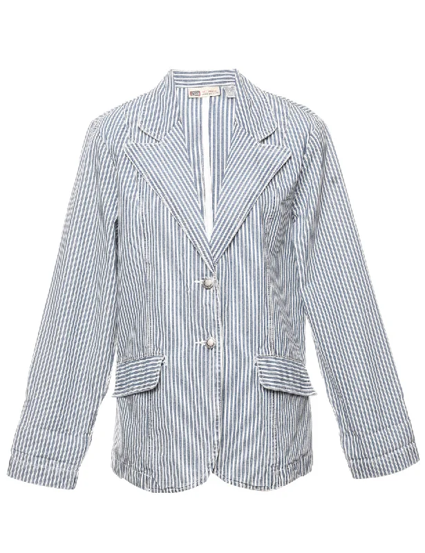 Striped Light Blue & White Denim Jacket - L Welt Pockets Slit Pockets Flap Pockets