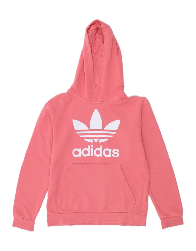 ADIDAS Girls Graphic Hoodie Jumper 11-12 Years Pink Cotton Hoodie with Mesh Breathable Sporty
