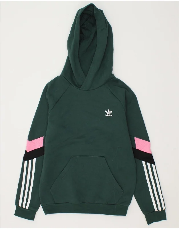 ADIDAS Girls Hoodie Jumper 11-12 Years Green Colourblock Cotton Hoodie with Rhinestones Sparkly Elegant