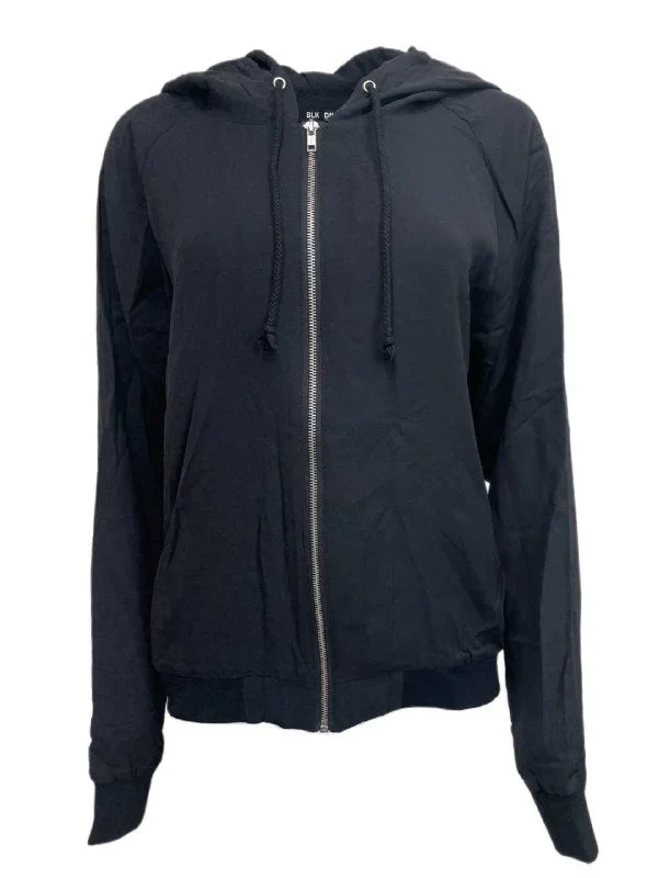 BLK DNM Women's Black Silk Hooded Zip Sweatshirt 3 Size M NWT Hoodie with Velcro Closure Adjustable Secure BLK DNM Women's Black Silk Hooded Zip Sweatshirt 3 Size M NWT Hoodie with Velcro Closure Adjustable Secure