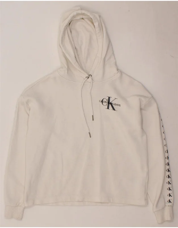 CALVIN KLEIN JEANS Womens Graphic Hoodie Jumper UK 10 Small Off White Hoodie with Ribbed Hem Stretchable Secure CALVIN KLEIN JEANS Womens Graphic Hoodie Jumper UK 10 Small Off White Hoodie with Ribbed Hem Stretchable Secure