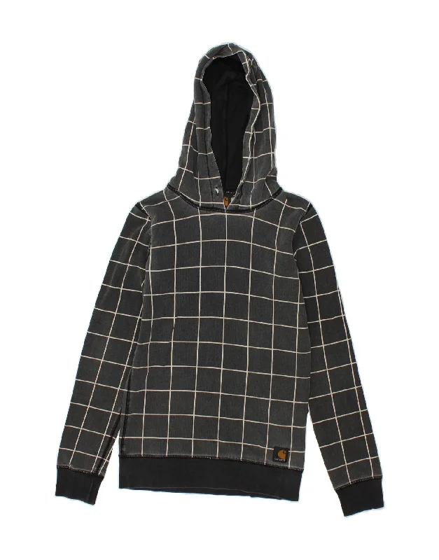 CARHARTT Mens Hoodie Jumper Small Black Check Cotton Hoodie with Typography Text Message