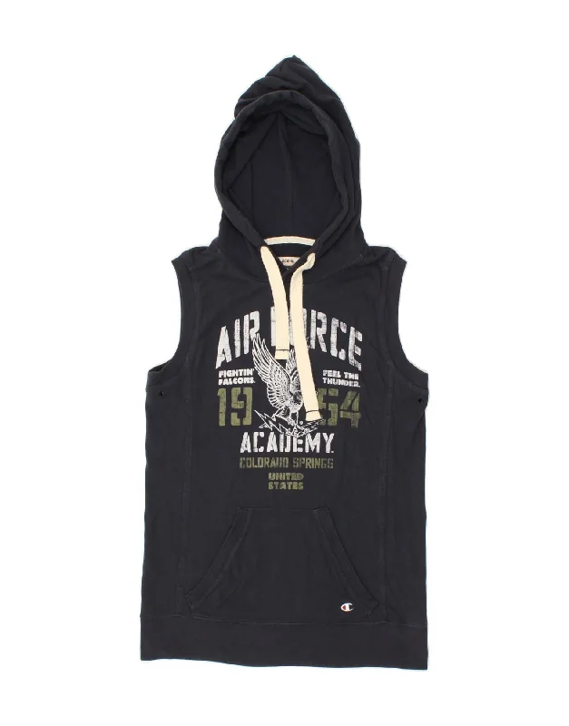 CHAMPION Mens Graphic Sleeveless Hoodie Jumper Small Navy Blue Cotton Hoodie with Front Slit Layering Stylish CHAMPION Mens Graphic Sleeveless Hoodie Jumper Small Navy Blue Cotton Hoodie with Front Slit Layering Stylish