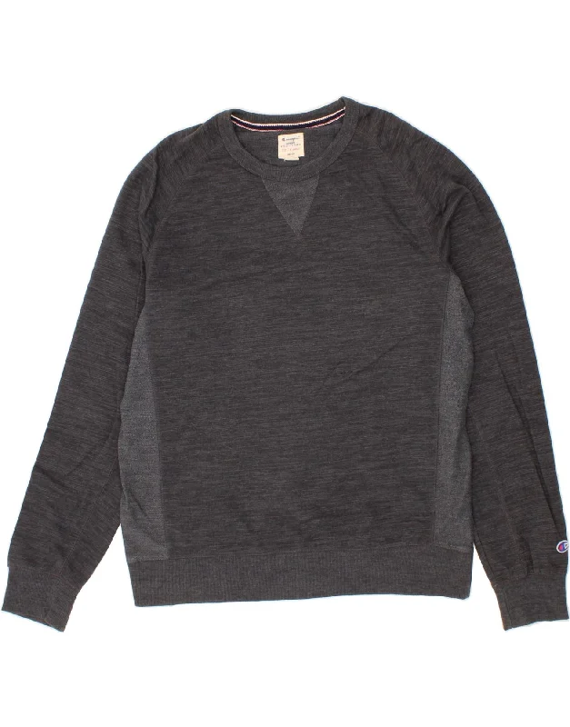 CHAMPION Mens Sweatshirt Jumper XL Grey Cotton Hoodie with Distressed Vintage Worn