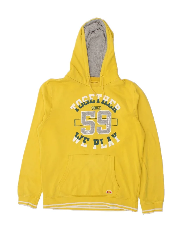 ELLESSE Mens Graphic Hoodie Jumper Large Yellow Cotton Hoodie with V-Neck Classic Versatile ELLESSE Mens Graphic Hoodie Jumper Large Yellow Cotton Hoodie with V-Neck Classic Versatile