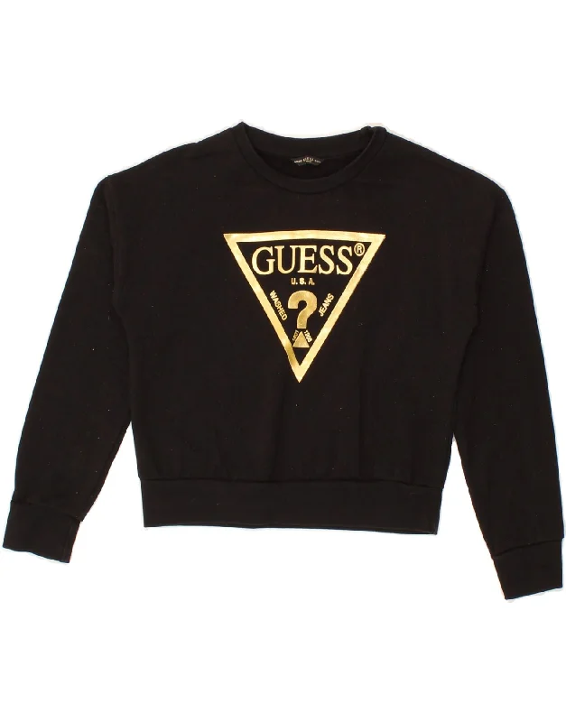 GUESS Girls Crop Graphic Sweatshirt Jumper 7-8 Years Black Cotton Hoodie with Typography Text Message GUESS Girls Crop Graphic Sweatshirt Jumper 7-8 Years Black Cotton Hoodie with Typography Text Message