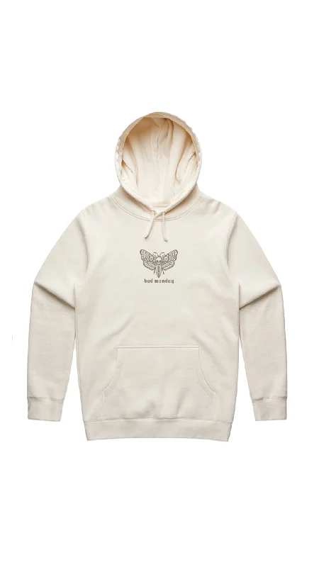 Heavy Weight AW Death Moth Hoodie Ecru / Front Print Hoodie with Rolled Sleeves Casual Relaxed