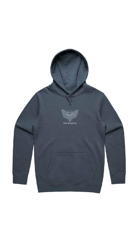 Heavy Weight AW Death Moth Hoodie Petrol Blue / Front Print Hoodie with V-Neck Classic Versatile