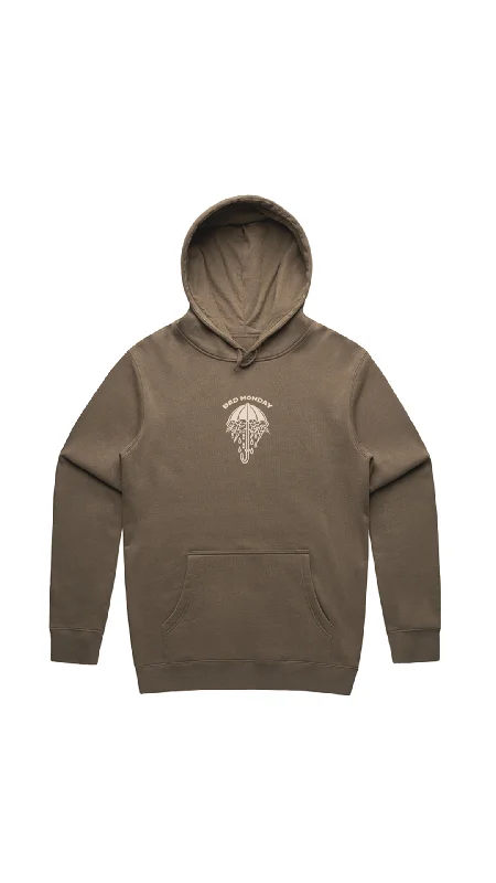 Heavy Weight AW Rains Hoodie Walnut / Front Print Hoodie with Raw Hem Edgy Unfinished