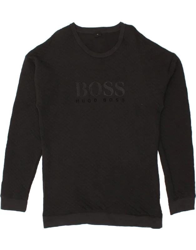 HUGO BOSS Mens Graphic Sweatshirt Jumper 2XL Black Cotton Hoodie with Half-Zip Sporty Casual