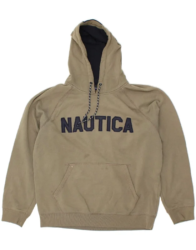 NAUTICA Mens Graphic Hoodie Jumper Large Beige Colourblock Cotton Hoodie with Patch Decorative Personalized NAUTICA Mens Graphic Hoodie Jumper Large Beige Colourblock Cotton Hoodie with Patch Decorative Personalized