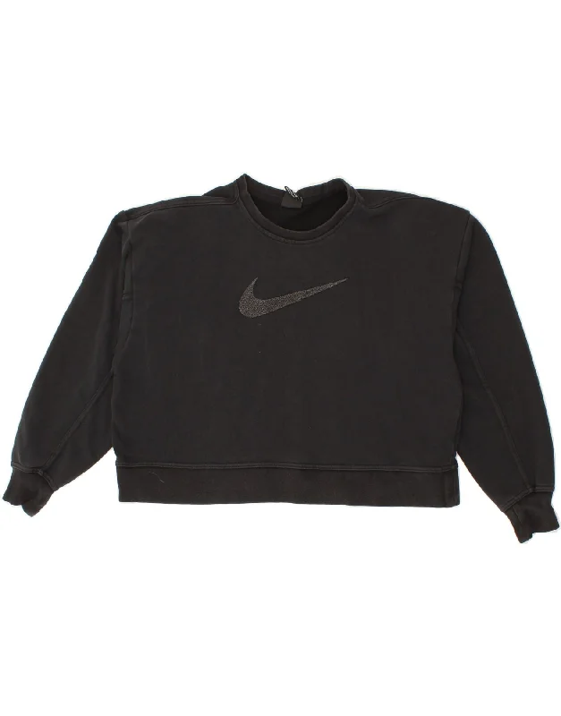 NIKE Womens Dri Fit Oversized Graphic Sweatshirt Jumper UK 10 Small Black Hoodie with Mock Neck Collared Structured