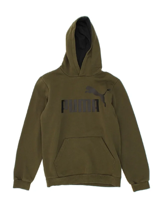 PUMA Boys Graphic Hoodie Jumper 13-14 Years XL Khaki Cotton Hoodie with Hem Frayed Vintage Worn PUMA Boys Graphic Hoodie Jumper 13-14 Years XL Khaki Cotton Hoodie with Hem Frayed Vintage Worn
