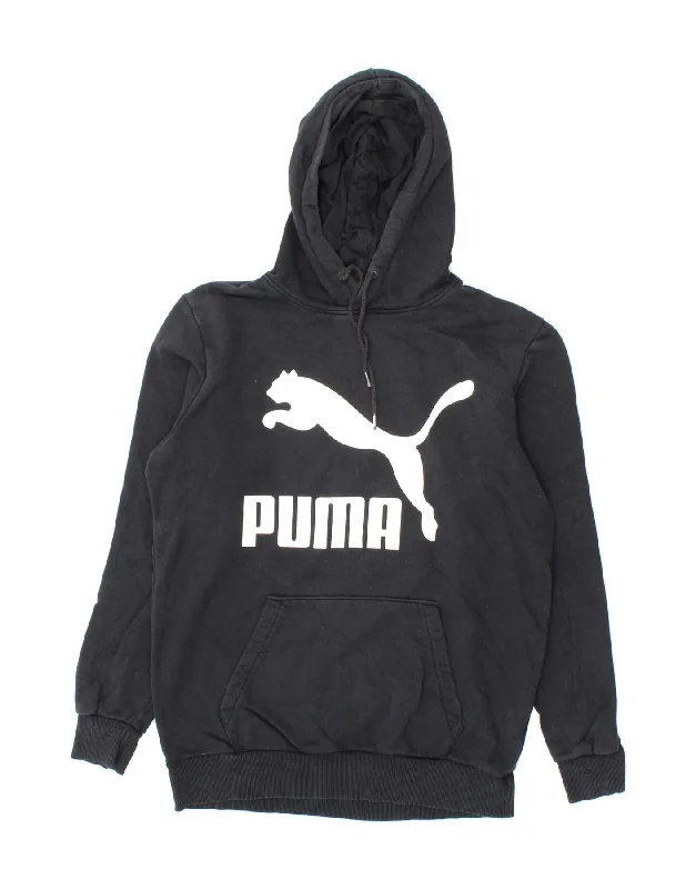 PUMA Mens Graphic Hoodie Jumper Medium Black Cotton Hoodie with Back Slit Movement Comfort PUMA Mens Graphic Hoodie Jumper Medium Black Cotton Hoodie with Back Slit Movement Comfort