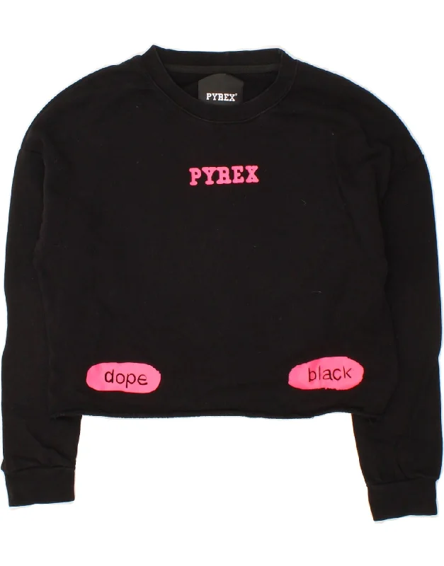 PYREX Womens Crop Graphic Sweatshirt Jumper UK 12 Medium Black Cotton