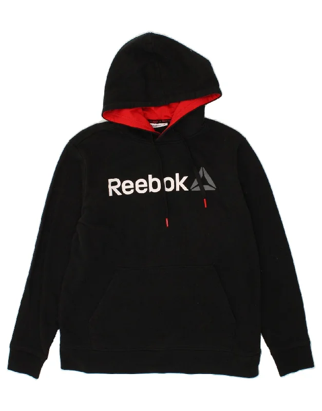 REEBOK Mens Graphic Hoodie Jumper Medium Black Cotton Hoodie with Applique Textured Unique REEBOK Mens Graphic Hoodie Jumper Medium Black Cotton Hoodie with Applique Textured Unique