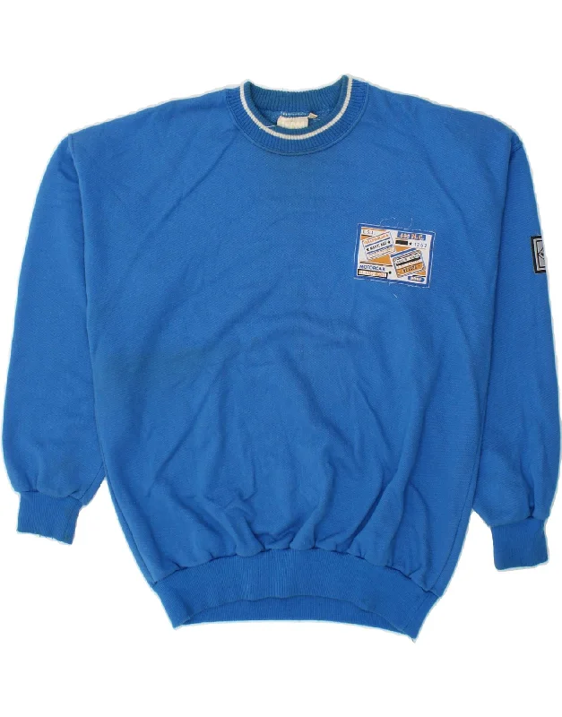 VINTAGE Mens Graphic Sweatshirt Jumper Medium Blue Cotton Hoodie with Tied Waist Feminine Flattering VINTAGE Mens Graphic Sweatshirt Jumper Medium Blue Cotton Hoodie with Tied Waist Feminine Flattering