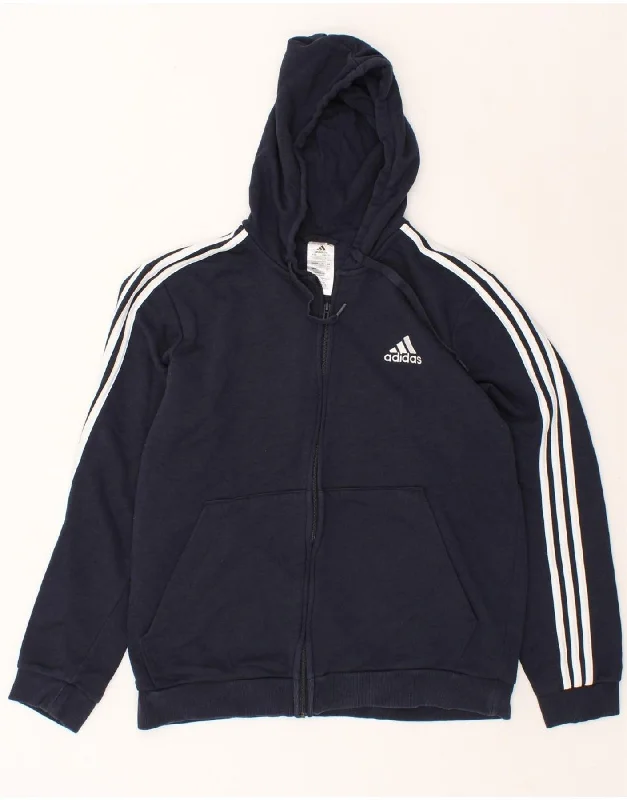 ADIDAS Mens Zip Hoodie Sweater Large Navy Blue Cotton Fitted Slim Tailored