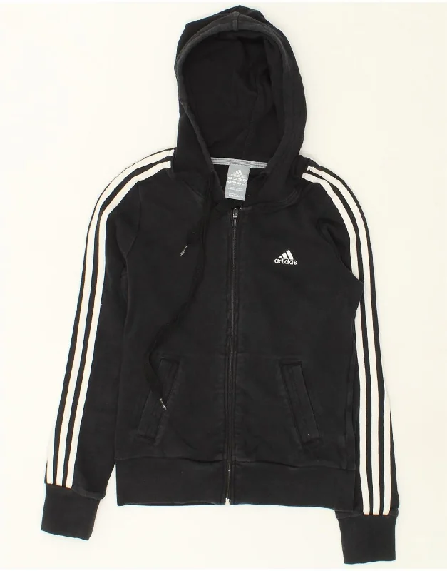 ADIDAS Womens Zip Hoodie Sweater UK 8 Small Black Cotton Machine Wash Dry Clean Hand Wash