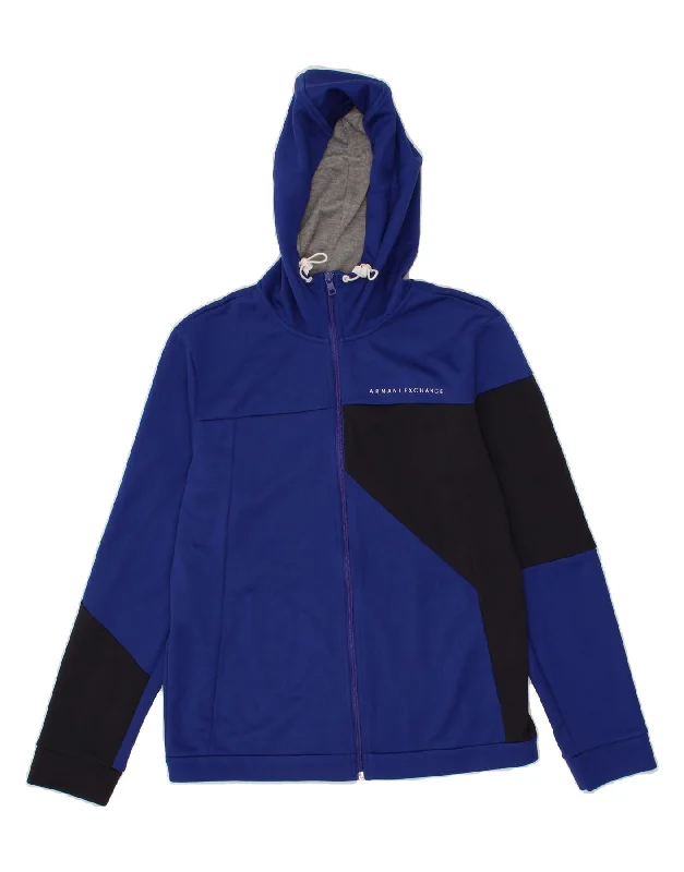 ARMANI EXCHANGE Mens Zip Hoodie Sweater Medium Blue Colourblock Polyester Wool Sweater Cotton Sweater Cashmere Sweater