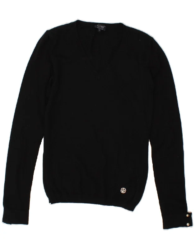 ARMANI JEANS Womens V-Neck Jumper Sweater IT 40 Small Black Fitted Loose Oversized