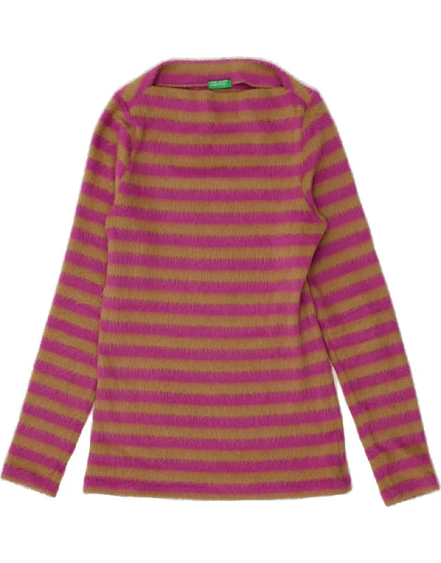 BENETTON Womens Boat Neck Jumper Sweater UK 10 Small Pink Striped Acrylic Real Fur Shearling Chenille BENETTON Womens Boat Neck Jumper Sweater UK 10 Small Pink Striped Acrylic Real Fur Shearling Chenille