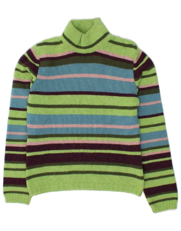 BENETTON Womens Turtle Neck Jumper Sweater UK 12 Medium Green Striped Denim Fabric Leather Fabric Suede Fabric BENETTON Womens Turtle Neck Jumper Sweater UK 12 Medium Green Striped Denim Fabric Leather Fabric Suede Fabric