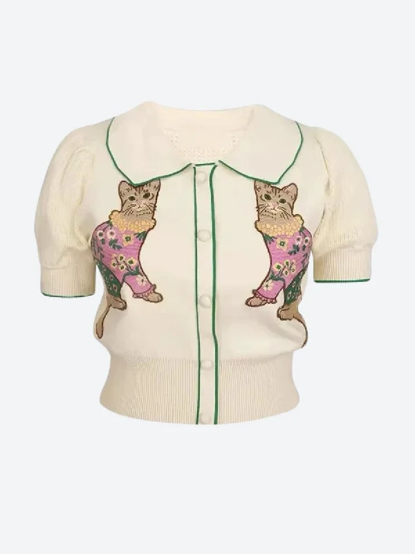 Cat Embroidered Sweater Anti-Pilling Anti-Shrink Durable